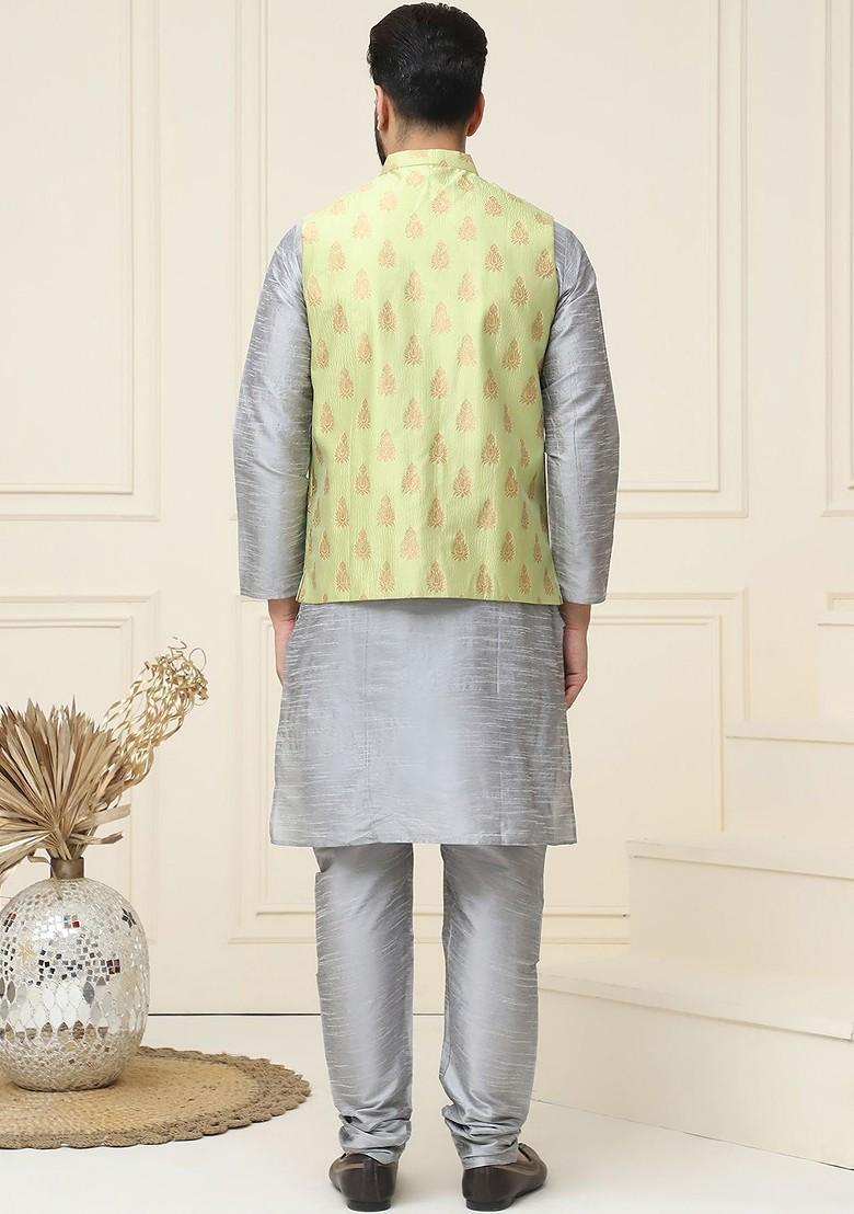 Grey Solid Cotton Kurta Set For Men