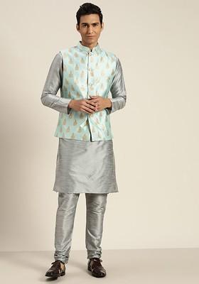 Grey Solid Cotton Kurta Set For Men
