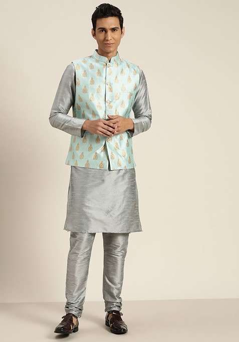 Grey Solid Cotton Kurta Set For Men