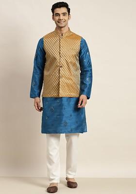 Blue Mirror Work Poly Blend Kurta Set For Men