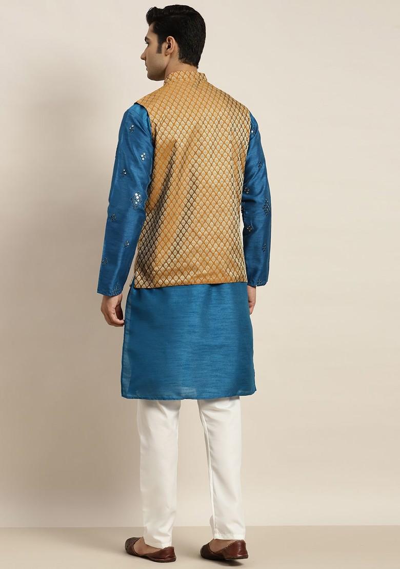 Blue Mirror Work Poly Blend Kurta Set For Men