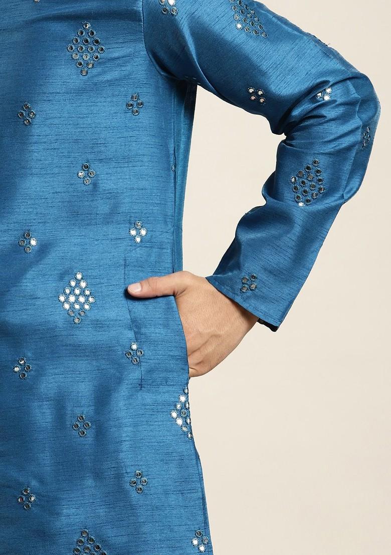 Blue Embroidered Poly Blend Kurta Set For Men