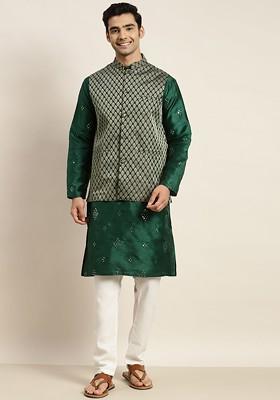 Green Mirror Work Poly Blend Kurta Set For Men