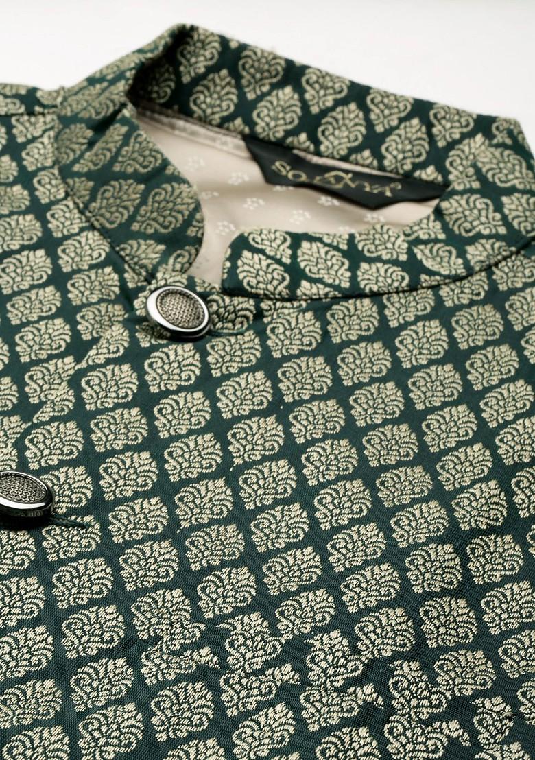 Green Mirror Work Poly Blend Kurta Set For Men