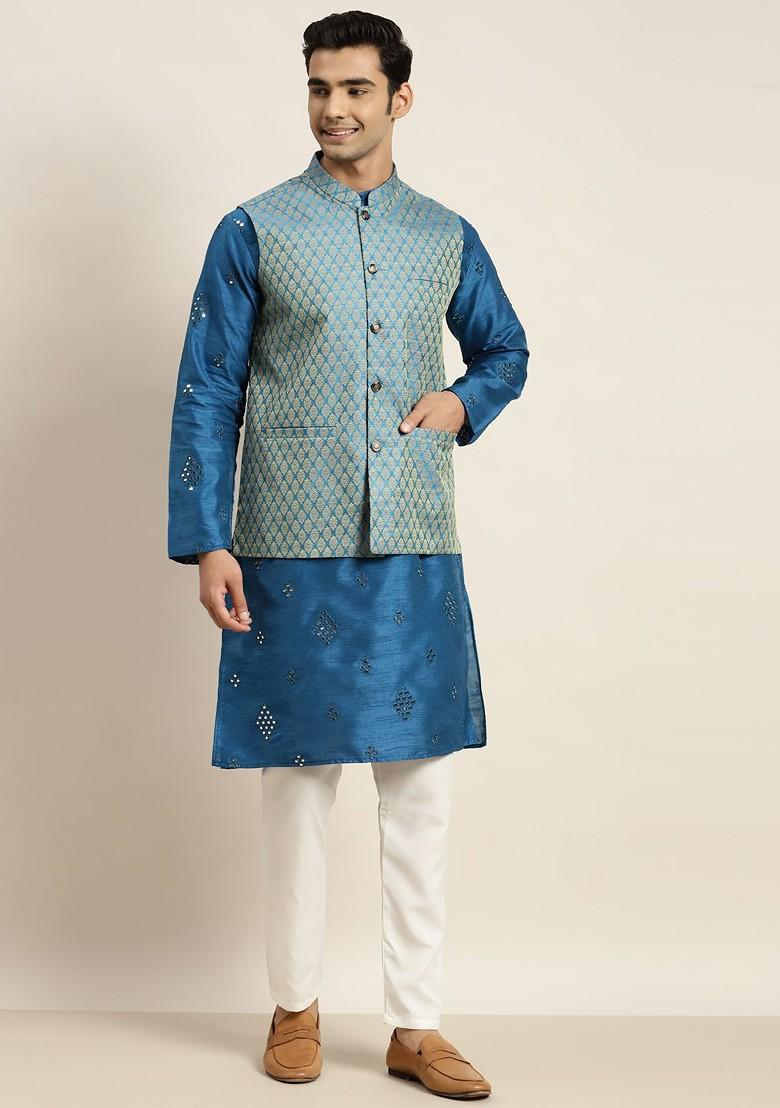 Blue Mirror Work Poly Blend Kurta Set For Men