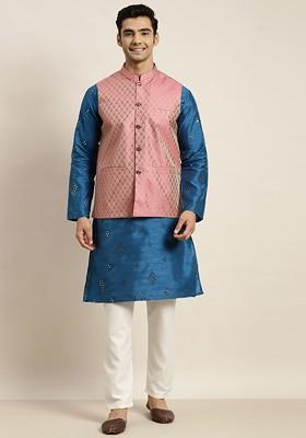 Blue Mirror Work Poly Blend Kurta Set For Men