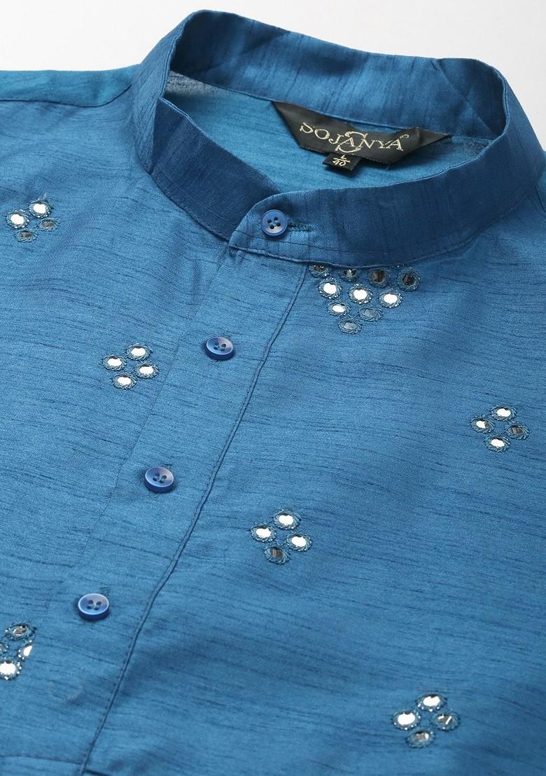 Blue Mirror Work Poly Blend Kurta Set For Men