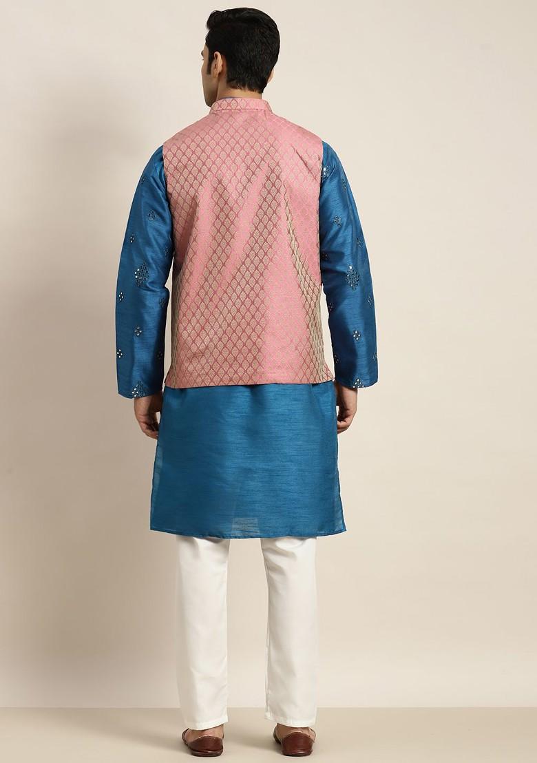 Blue Mirror Work Poly Blend Kurta Set For Men