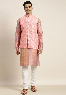 Purple Woven Poly Blend Kurta Set For Men