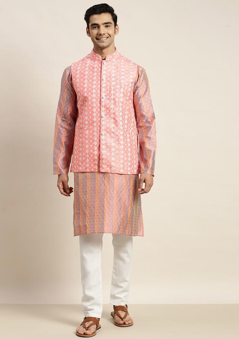 Purple Woven Poly Blend Kurta Set For Men