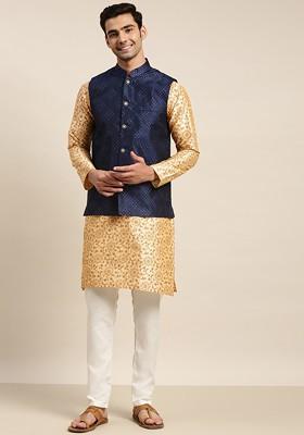 Beige Printed Poly Blend Kurta Set For Men