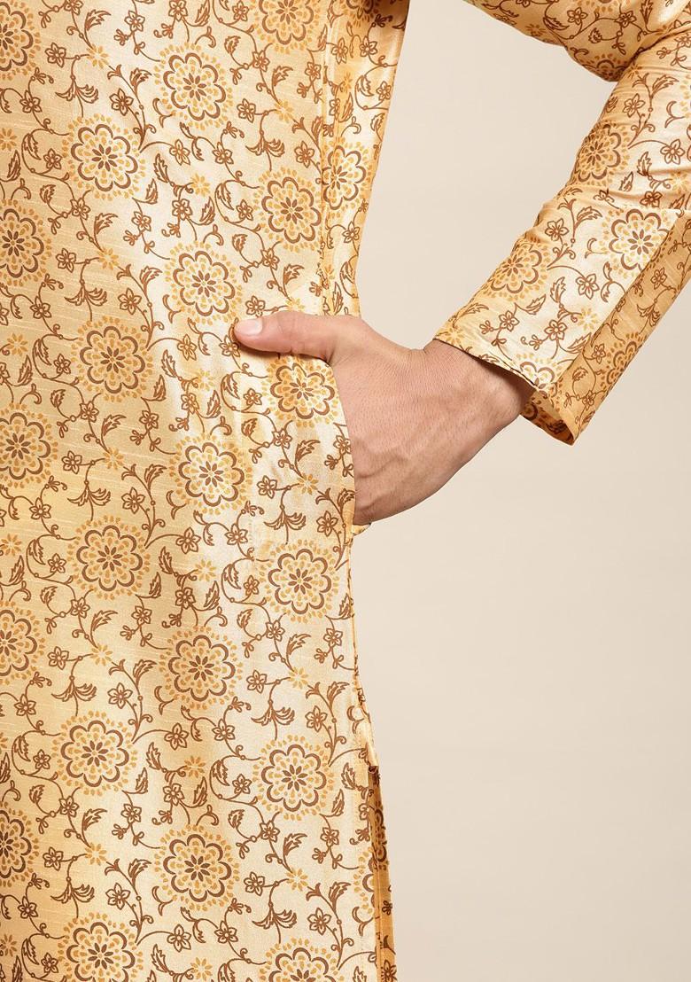 Beige Printed Poly Blend Kurta Set For Men