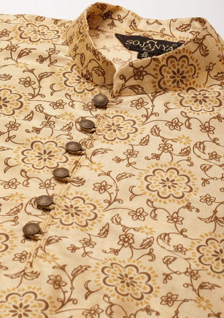Beige Printed Poly Blend Kurta Set For Men