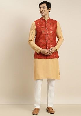Gold Solid Cotton Kurta Set For Men