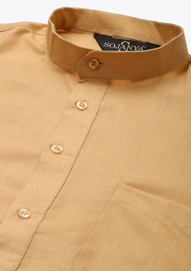 Gold Solid Cotton Kurta Set For Men