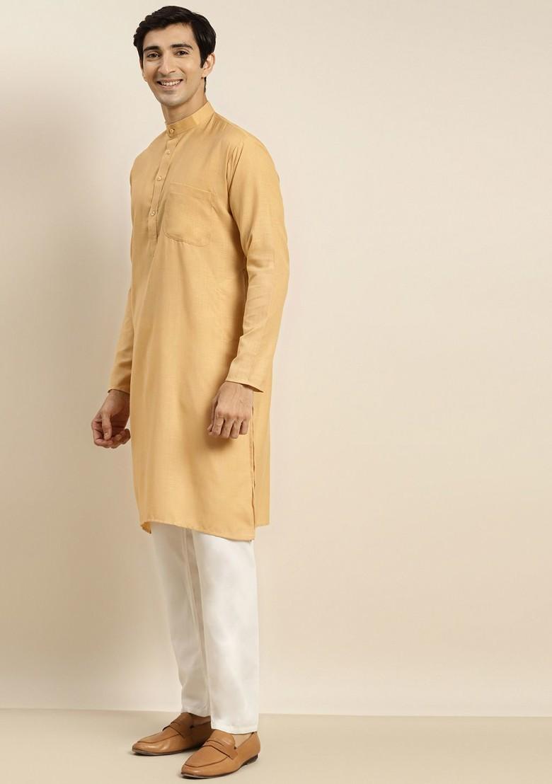 Gold Solid Cotton Kurta Set For Men
