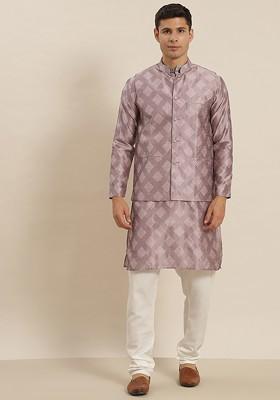 Purple Ethnic Motifs Poly Blend Kurta Set For Men
