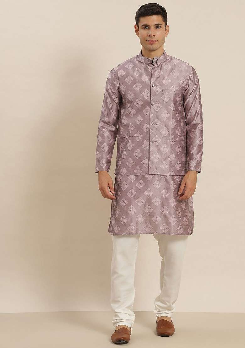 Purple Ethnic Motifs Poly Blend Kurta Set For Men - Indya