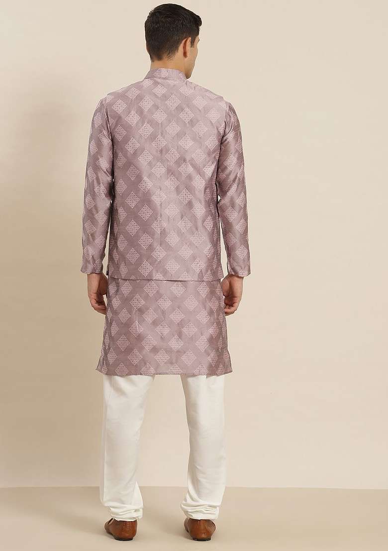 Purple Ethnic Motifs Poly Blend Kurta Set For Men - Indya