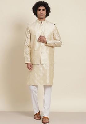 Beige Solid Poly Blend Kurta Set For Men