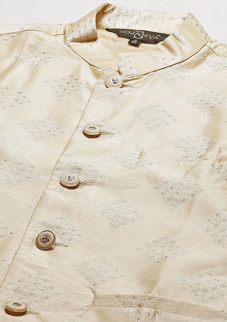 Beige Solid Poly Blend Kurta Set For Men