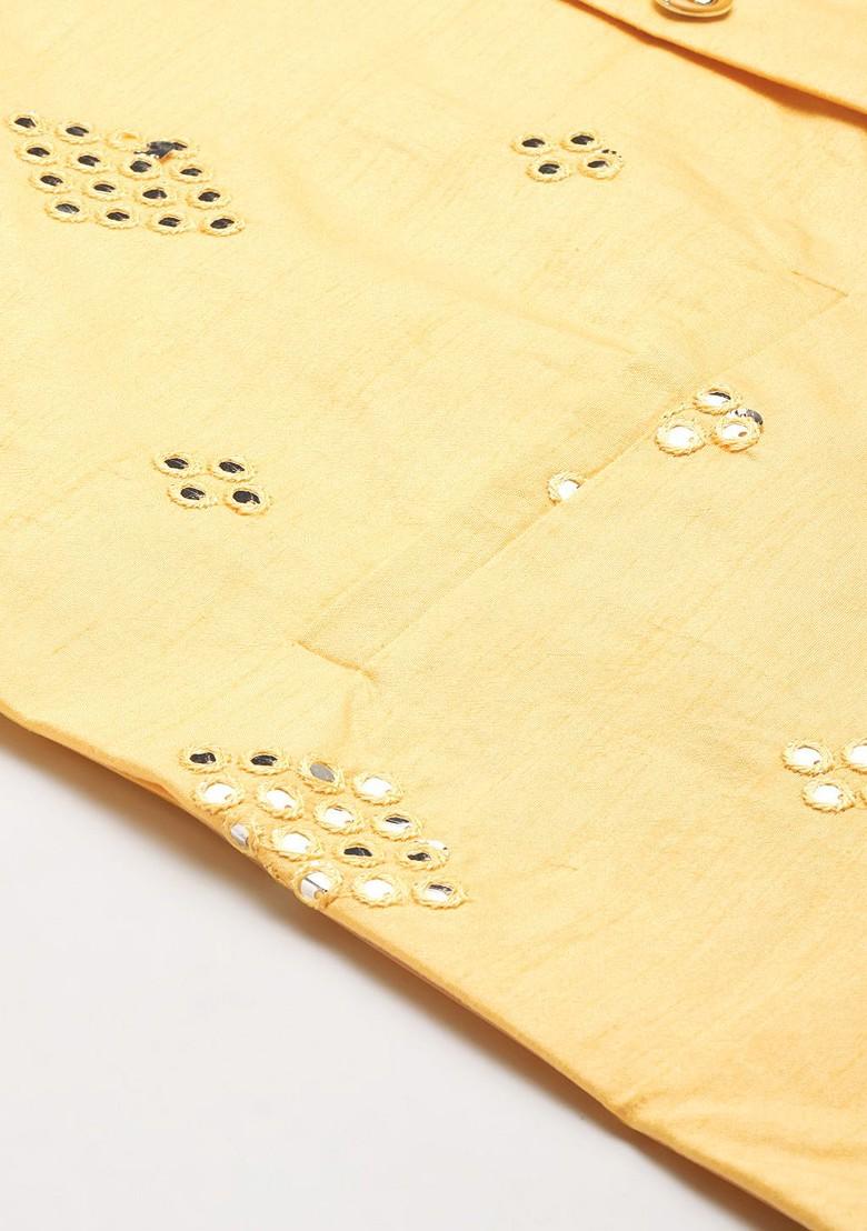 Yellow Mirror Work Poly Blend Kurta Set For Men