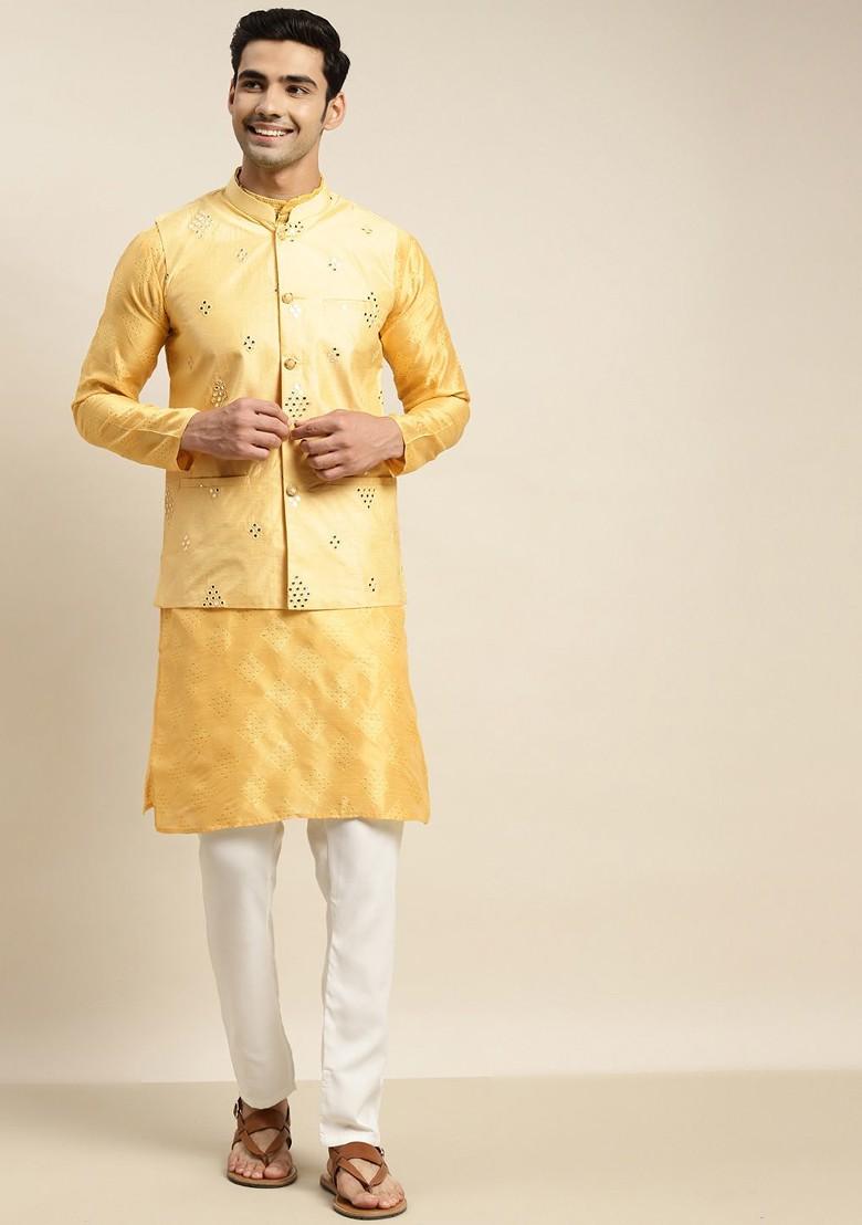 Yellow Mirror Work Poly Blend Kurta Set For Men