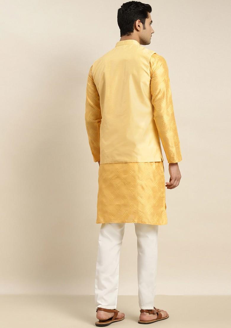 Yellow Mirror Work Poly Blend Kurta Set For Men