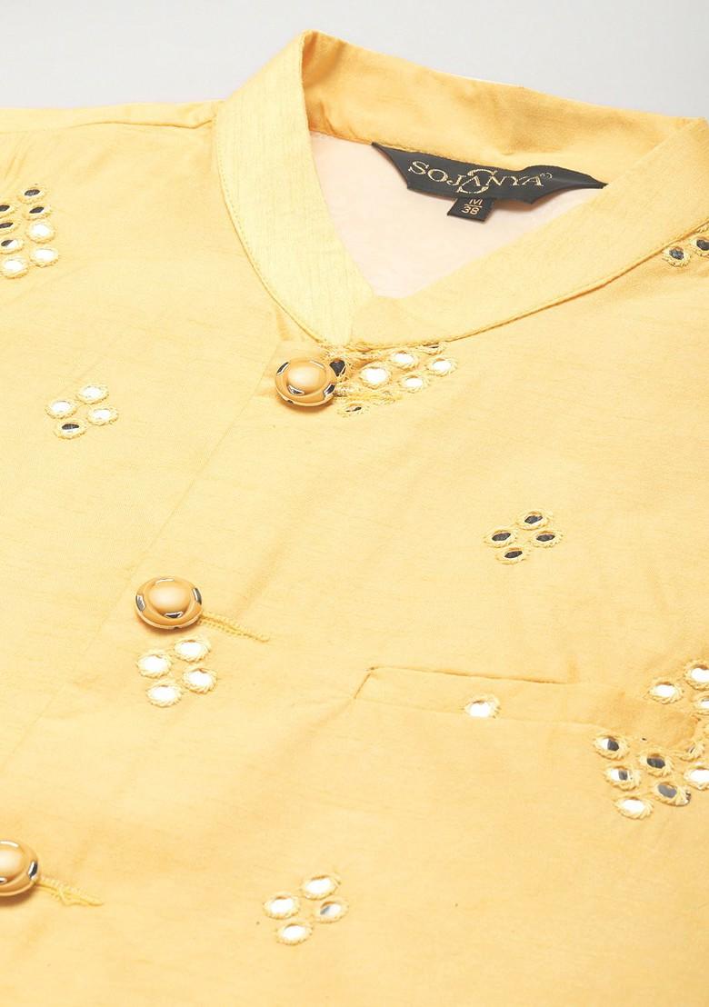 Yellow Mirror Work Poly Blend Kurta Set For Men