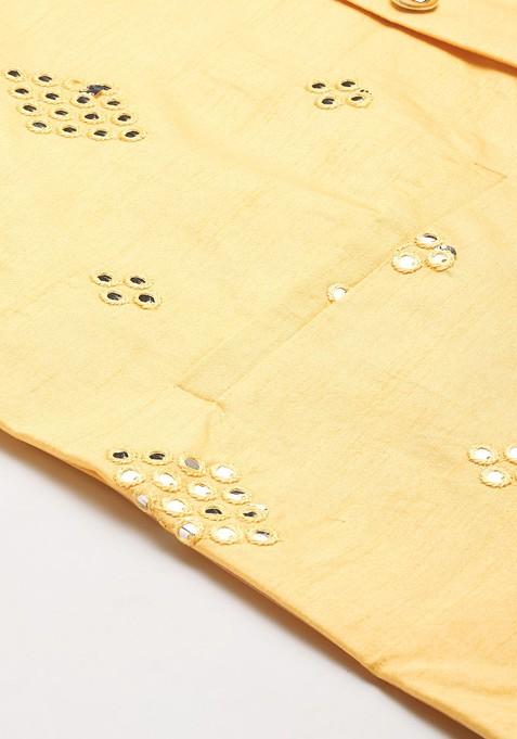 Yellow Mirror Work Poly Blend Kurta Set For Men