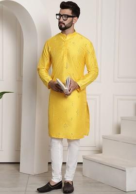 Yellow Mirror Work Poly Blend Kurta Set For Men