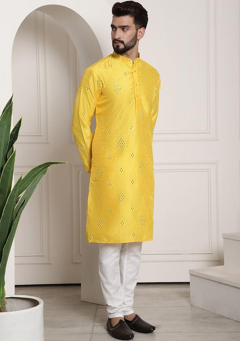 Yellow Mirror Work Poly Blend Kurta Set For Men