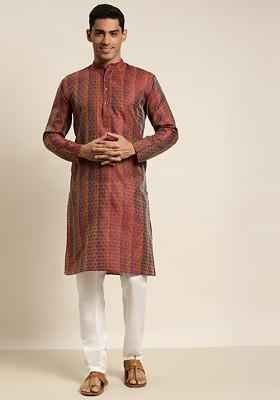 Mustard Woven Poly Blend Kurta Set For Men