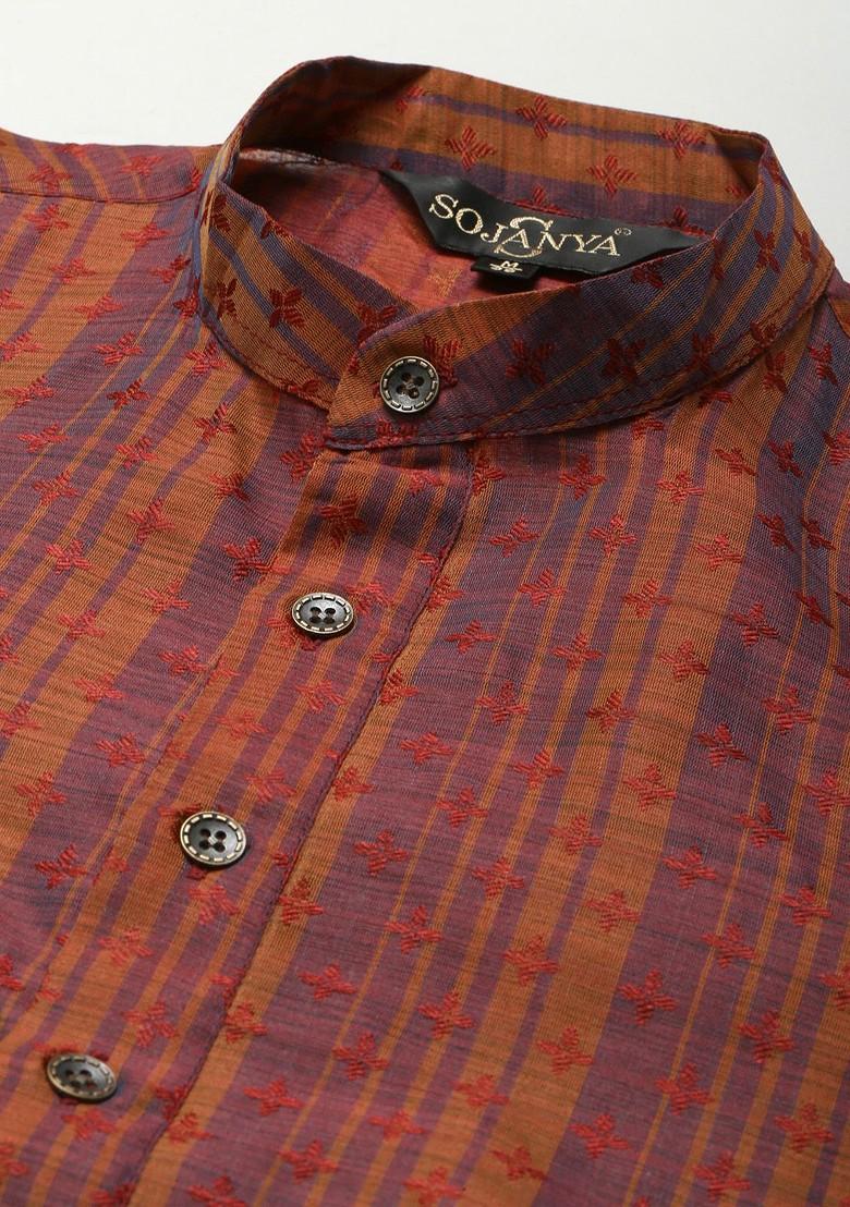 Mustard Woven Poly Blend Kurta Set For Men