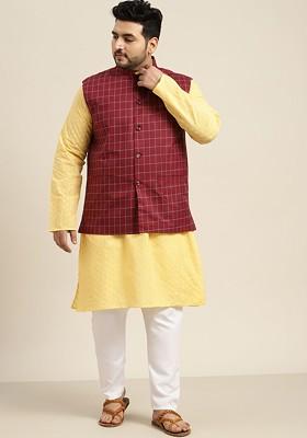 Yellow Embroidered Cotton Kurta Set For Men
