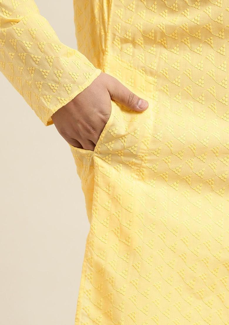 Yellow Embroidered Cotton Kurta Set For Men