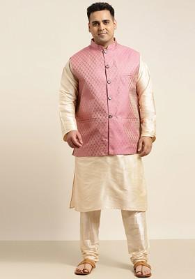 Beige Solid Poly Blend Kurta Set For Men