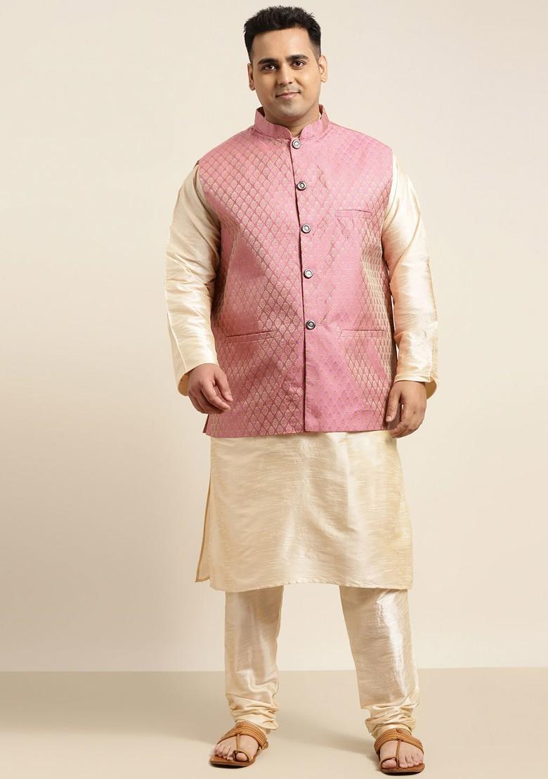 Beige Solid Poly Blend Kurta Set For Men