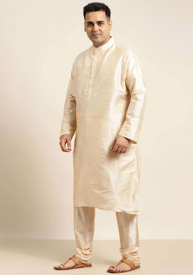 Beige Solid Poly Blend Kurta Set For Men - Indya