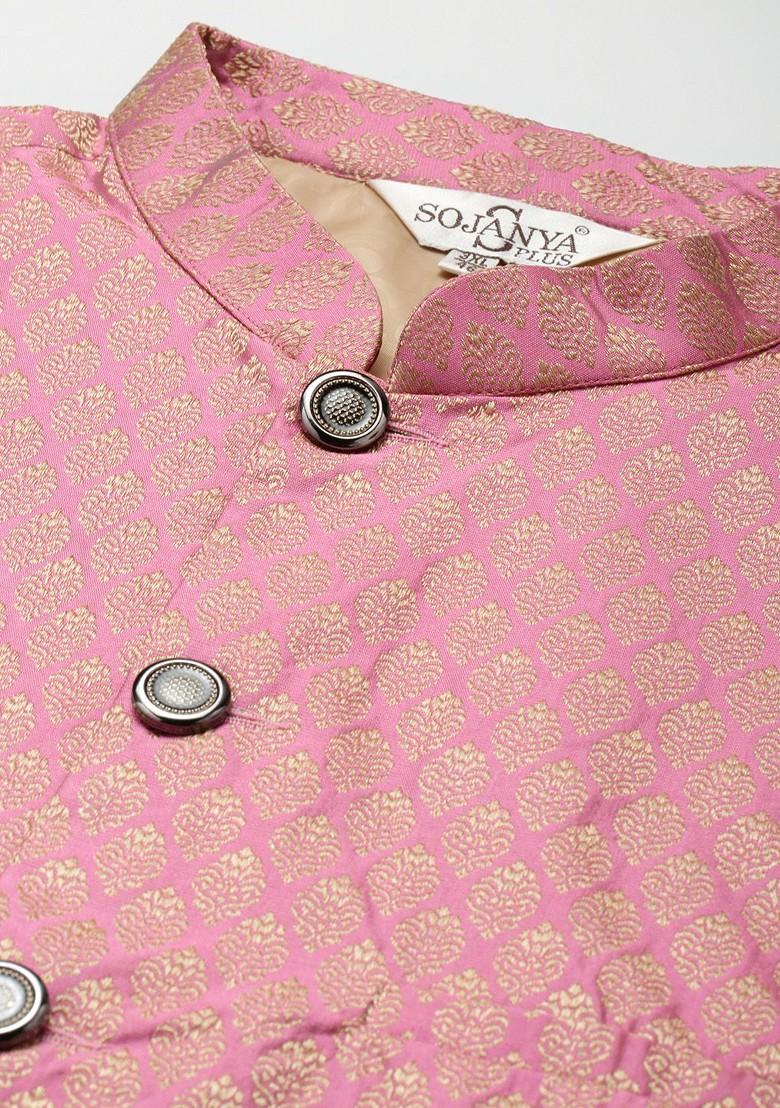 Beige Solid Poly Blend Kurta Set For Men