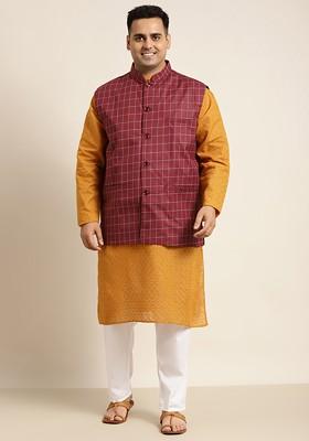 Mustard Solid Cotton Kurta Set For Men