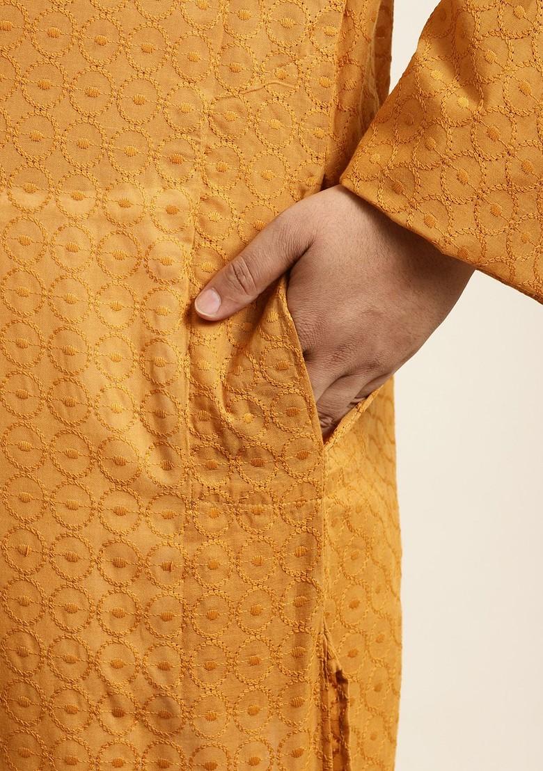 Mustard Solid Cotton Kurta Set For Men
