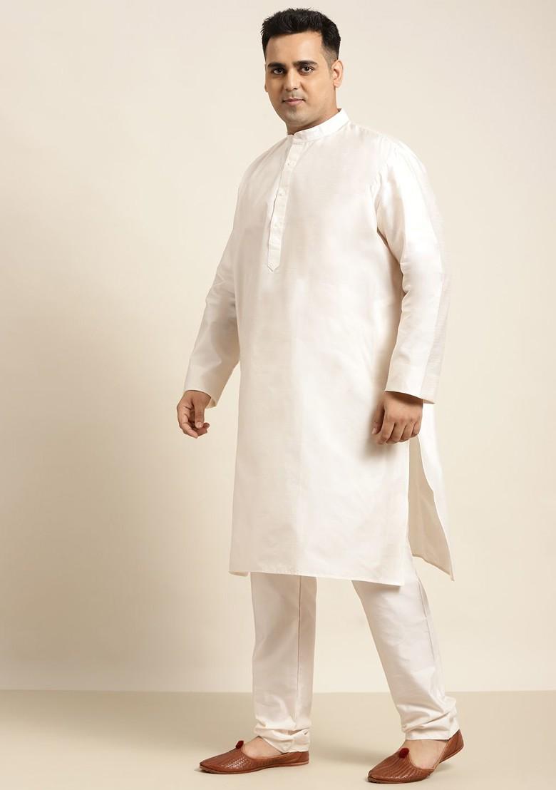 Off White Solid Poly Blend Kurta Set For Men