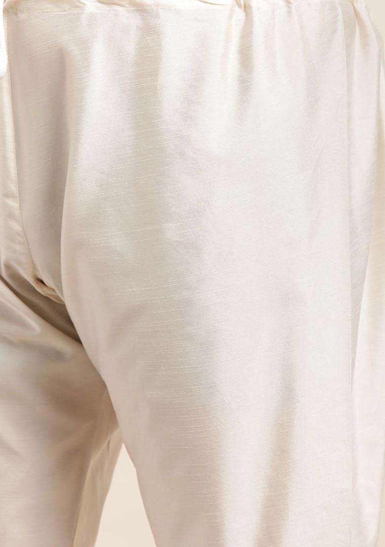 Off White Solid Poly Blend Kurta Set For Men