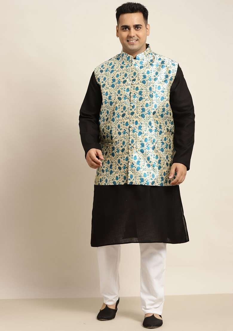 Black Solid Poly Blend Kurta Set For Men - Indya