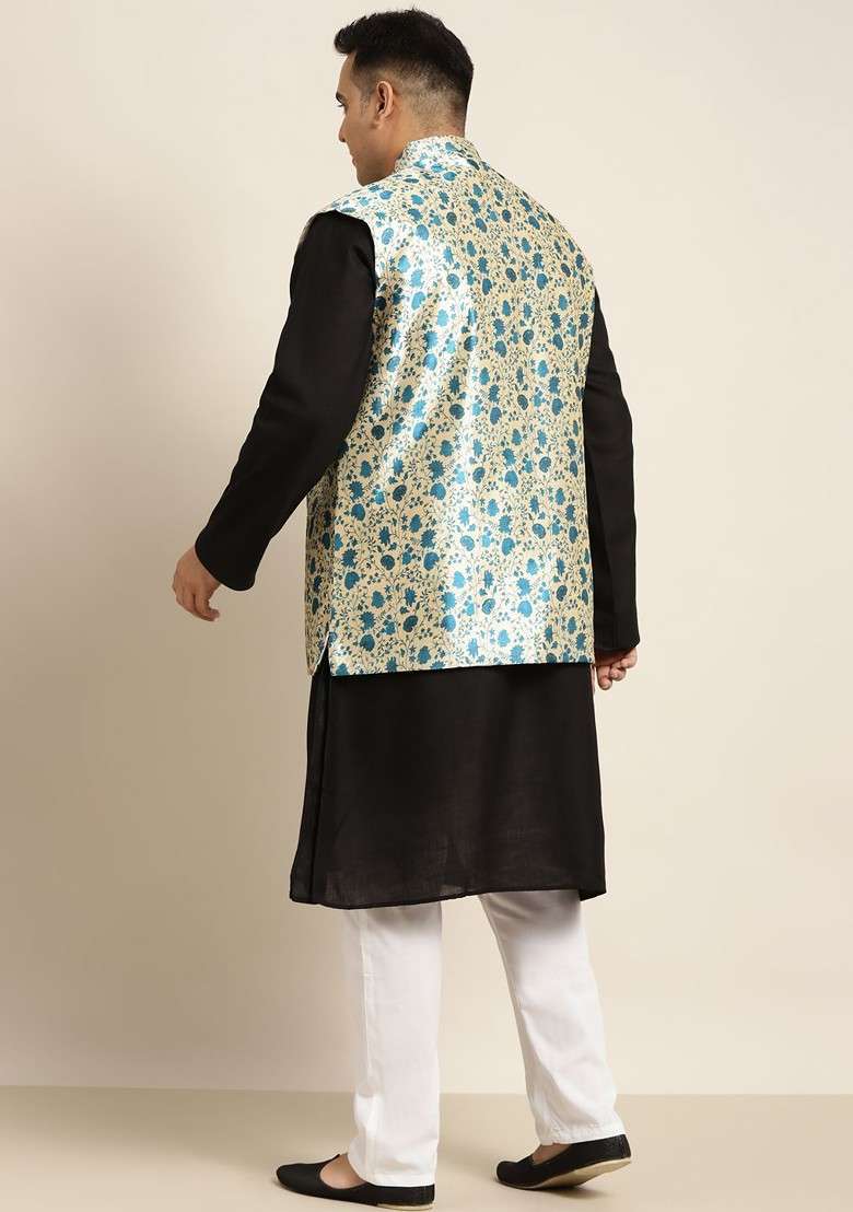 Black Solid Poly Blend Kurta Set For Men - Indya