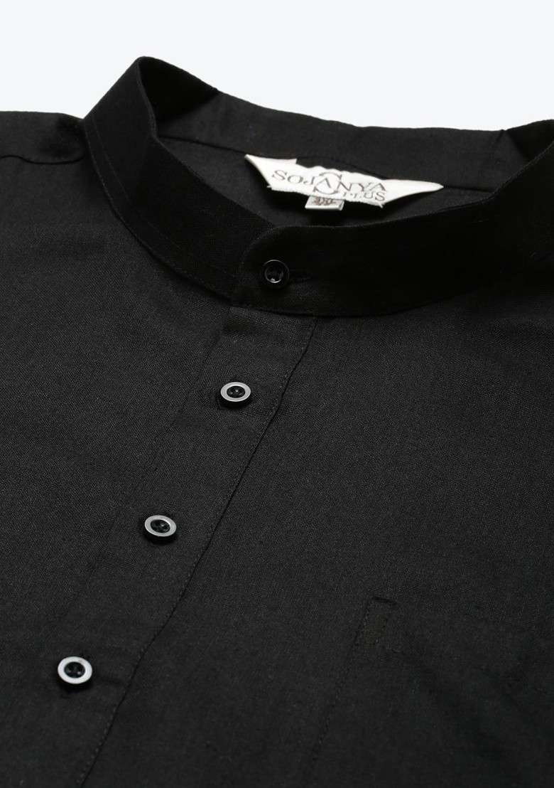 Black Solid Poly Blend Kurta Set For Men - Indya