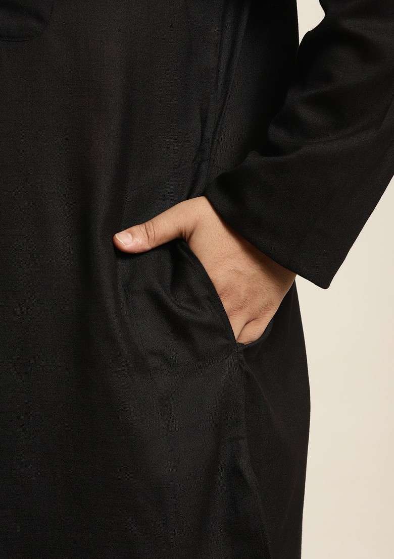 Black Solid Poly Blend Kurta Set For Men - Indya