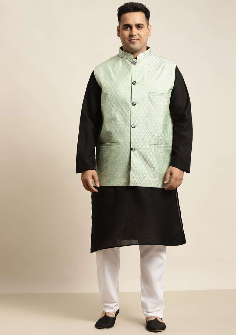 Black Solid Poly Blend Kurta Set For Men - Indya