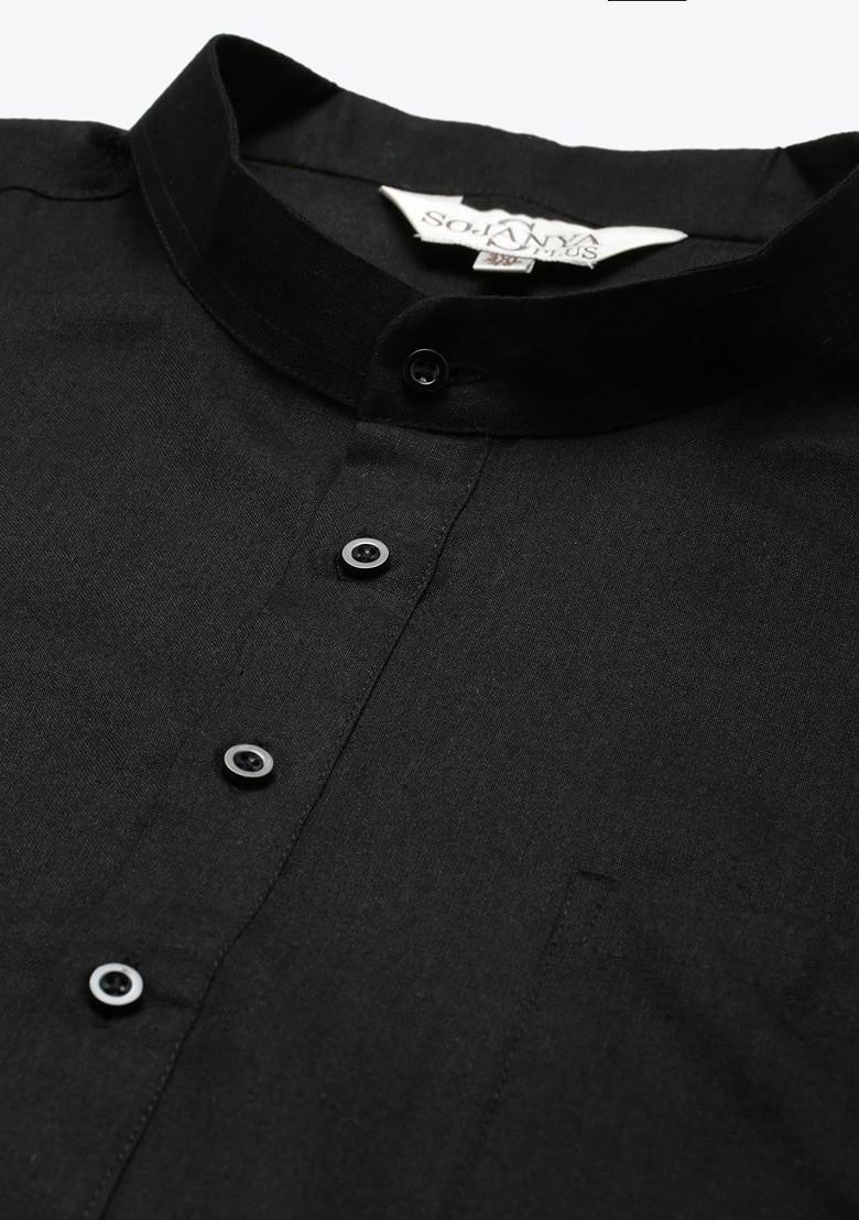 Black Solid Poly Blend Kurta Set For Men